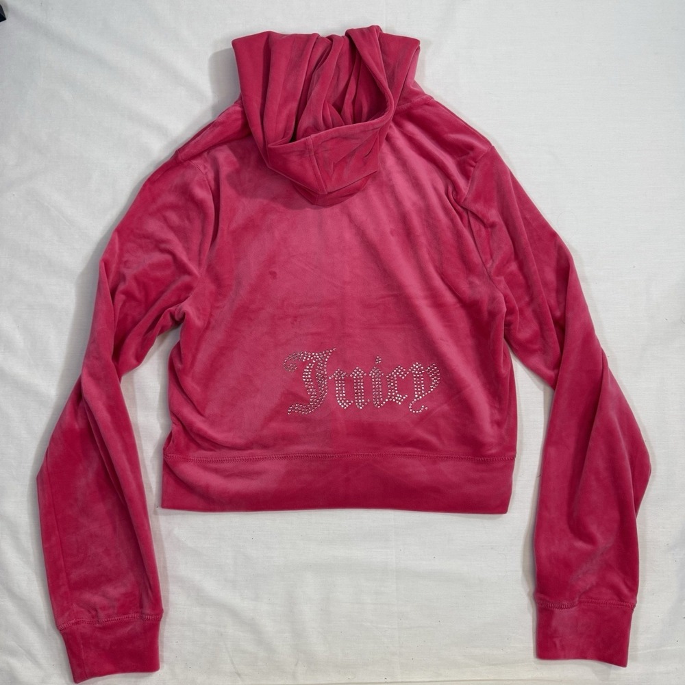 Juicy Couture Women's Pink  Zip Cropped Hoodie Rhinestone Logo Size L